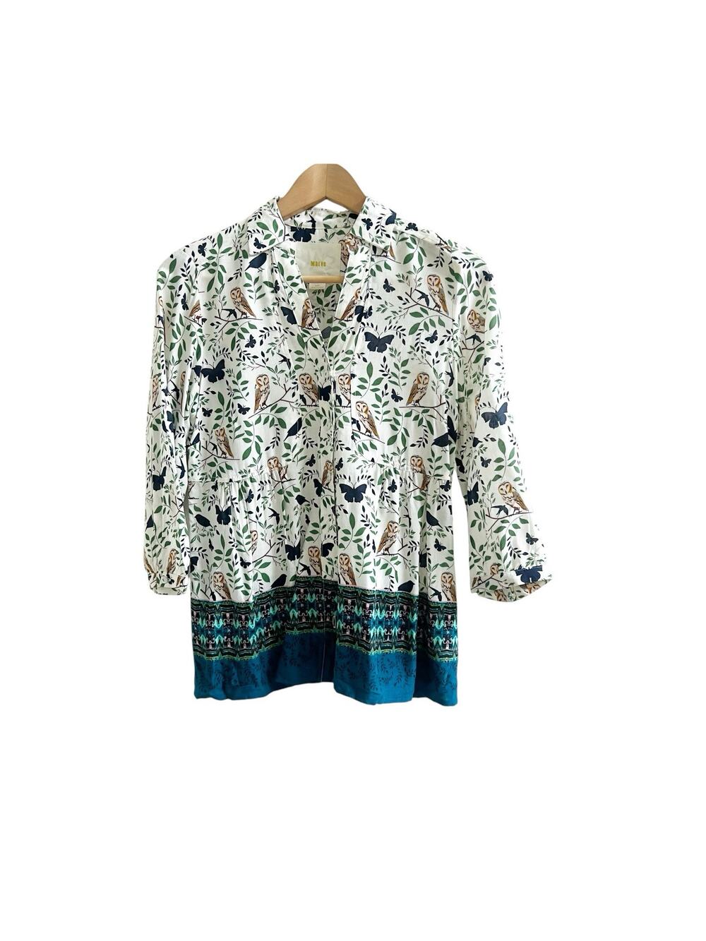 Anthropologie Maeve Woodland Owl Button Front Blouse Size 00P Whimsical Preppy